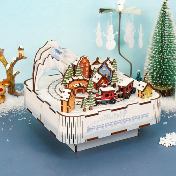 Muziekdoosje DIY 3D Houten Puzzel, Snow Train, Tone-Cheer, TQ058, 14x14x12,2cm - Afbeelding 4
