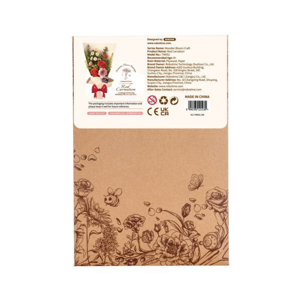 Robotime, DIY Houten Bloem, Red Carnation/Rode Anjer,  TW052, 12x8x22cm - Afbeelding 2