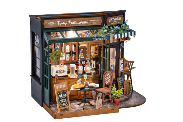 Robotime, DIY Huisje Tipsy Restaurant met LED verlichting,  DG167, 18x18x24cm