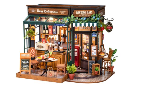 Robotime, DIY Huisje Tipsy Restaurant met LED verlichting,  DG167, 18x18x24cm - Afbeelding 4