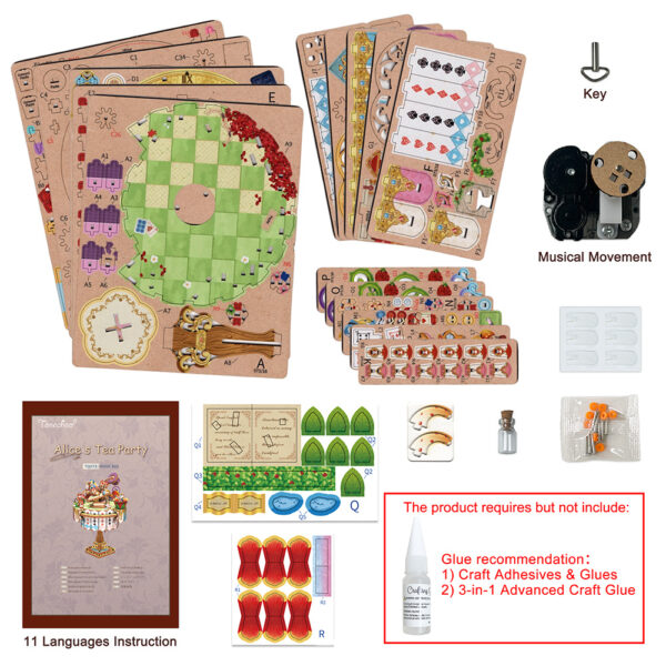 Tonecheer, Muziekdoosje, DIY 3D Houten Puzzel, Alice's Tea Party, TQ073, 13,7x13,2x20,9cm - Afbeelding 7
