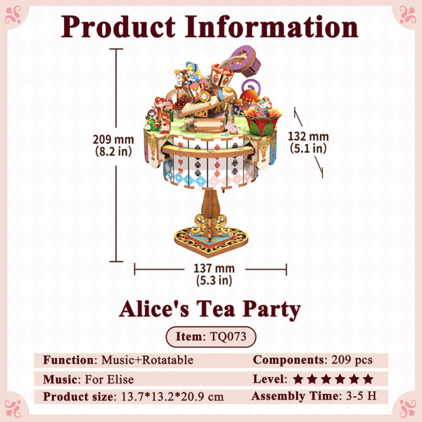 Tonecheer, Muziekdoosje, DIY 3D Houten Puzzel, Alice's Tea Party, TQ073, 13,7x13,2x20,9cm - Afbeelding 2