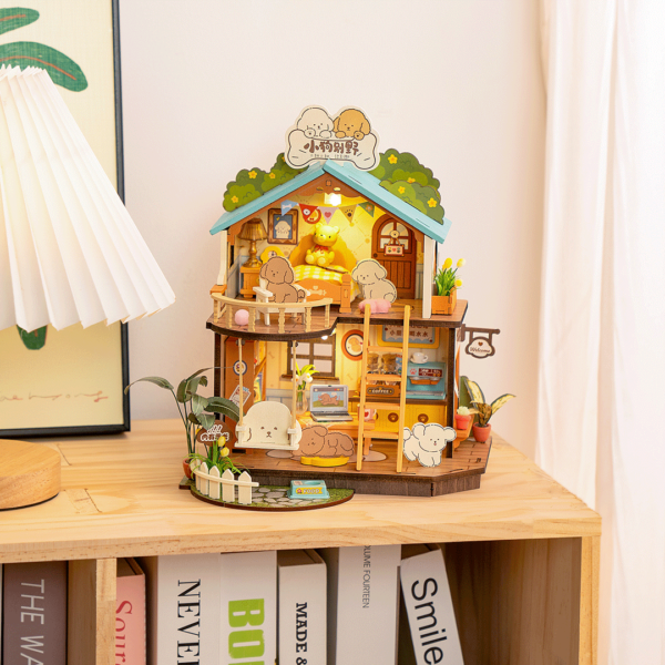 Robotime, DIY Huisje Puppy's Cozy Villa met LED verlichting DG169, 22x18,3x23,5cm - Afbeelding 3