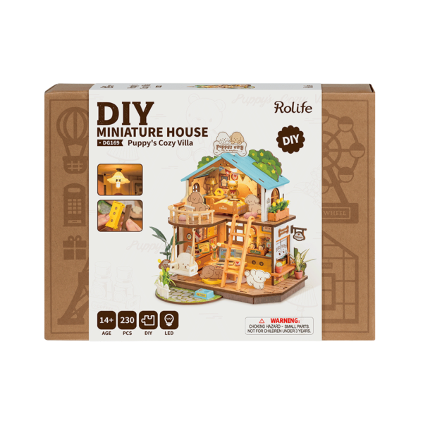 Robotime, DIY Huisje Puppy's Cozy Villa met LED verlichting DG169, 22x18,3x23,5cm - Afbeelding 6