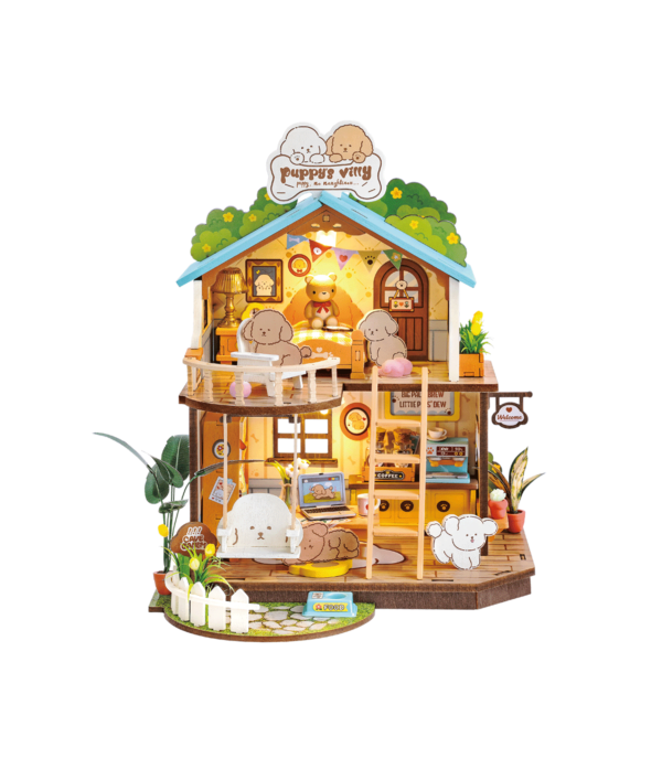 Robotime, DIY Huisje Puppy's Cozy Villa met LED verlichting DG169, 22x18,3x23,5cm