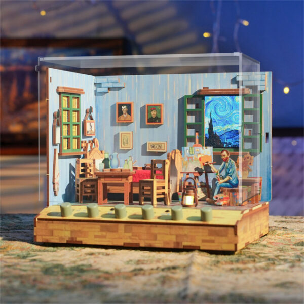Tonecheer, DIY 3D Houten Puzzel met 6 verschillende geluidseffecten en stofkap Vincent's Bedroom, TQ401, 18x14,5x15,4cm - Afbeelding 2