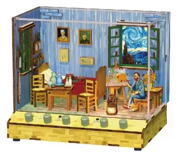 Tonecheer, DIY 3D Houten Puzzel met 6 verschillende geluidseffecten en stofkap Vincent's Bedroom, TQ401, 18x14,5x15,4cm
