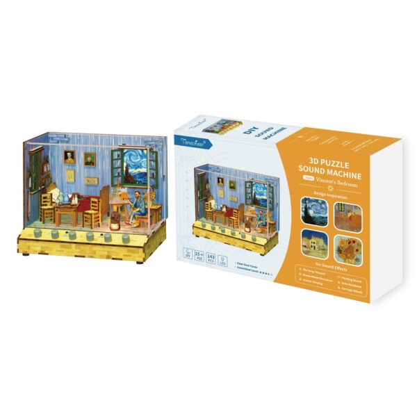 Tonecheer, DIY 3D Houten Puzzel met 6 verschillende geluidseffecten en stofkap Vincent's Bedroom, TQ401, 18x14,5x15,4cm - Afbeelding 7