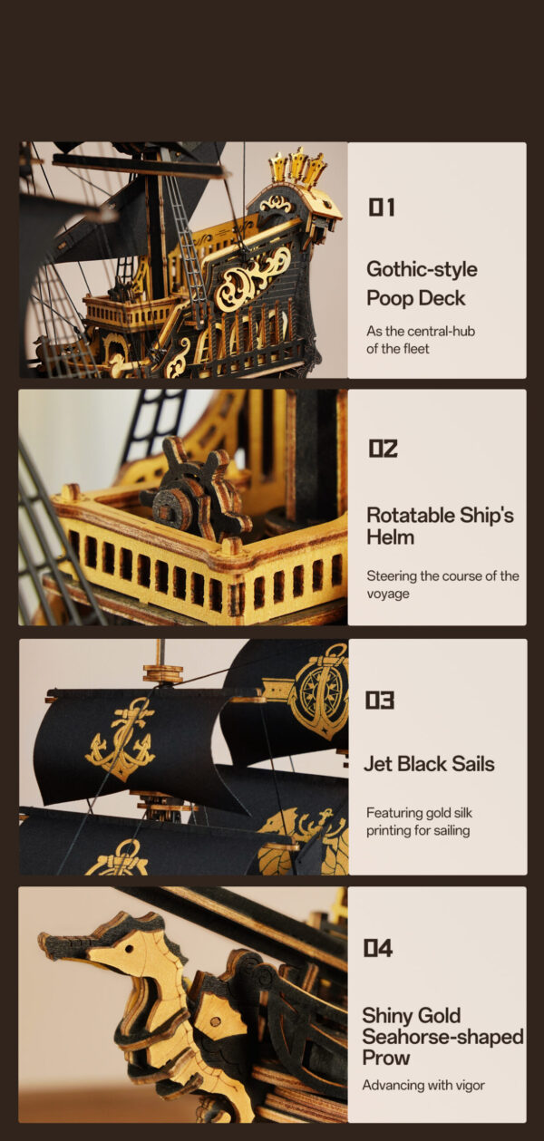 Robotime, 3D Houten Puzzel, The Seahorse Barque, MCB02, 39x18x47cm - Afbeelding 6