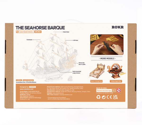 Robotime, 3D Houten Puzzel, The Seahorse Barque, MCB02, 39x18x47cm - Afbeelding 7