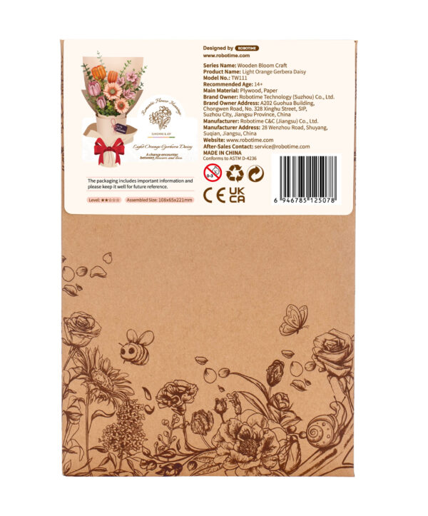Robotime, DIY Houten Bloem, Light Orange Gerbera, TW111, 10,8x6,5x22,1cm - Afbeelding 3