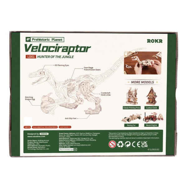 Robotime, DIY 3D Modelbouwpakket Velociraptor Dinosaurus, LD01, 41,5x10,5x21cm - Afbeelding 2