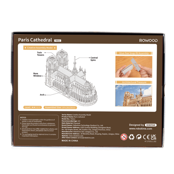 Robotime, DIY 3D Houten Modelbouwpakket, Paris Cathedral, TG511, 25,7x12,6x22,8cm - Afbeelding 7