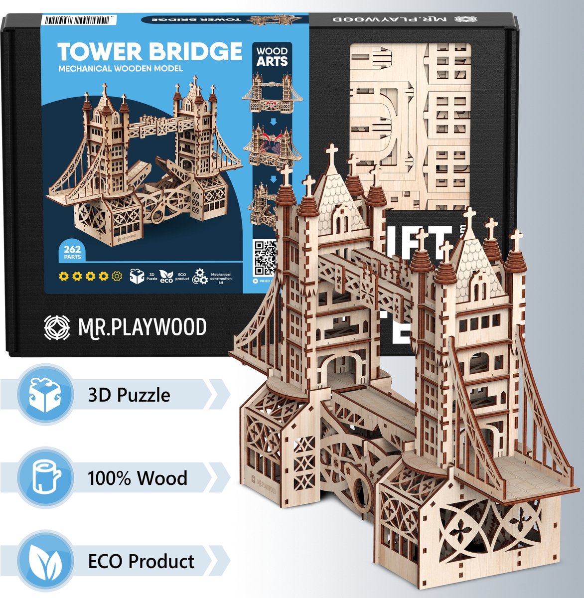 Mr. Playwood 3D Houten Puzzel, Tower Bridge, 10401, 54x36x16cm - Afbeelding 2